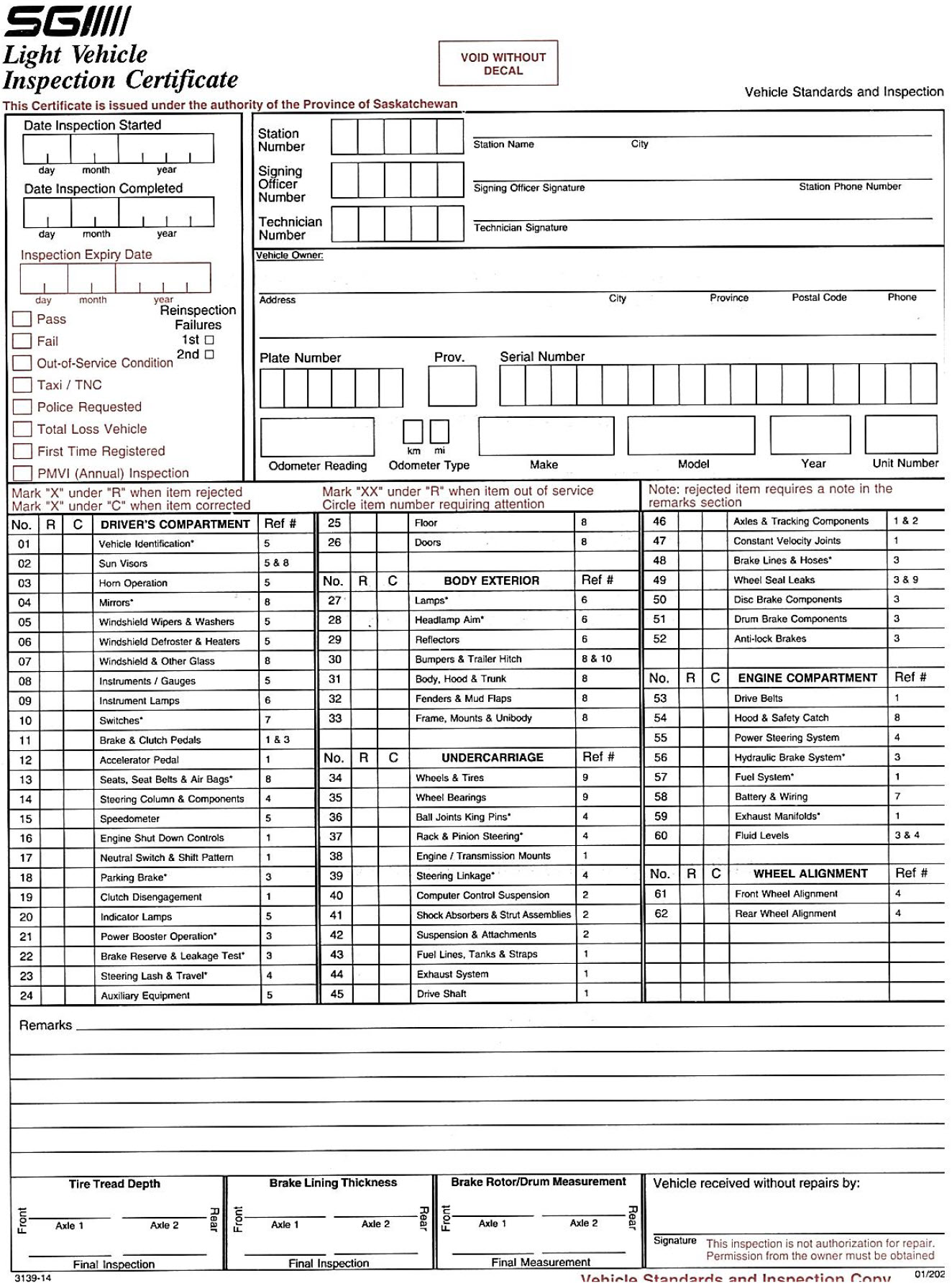 Official SGI Safety Inspection List